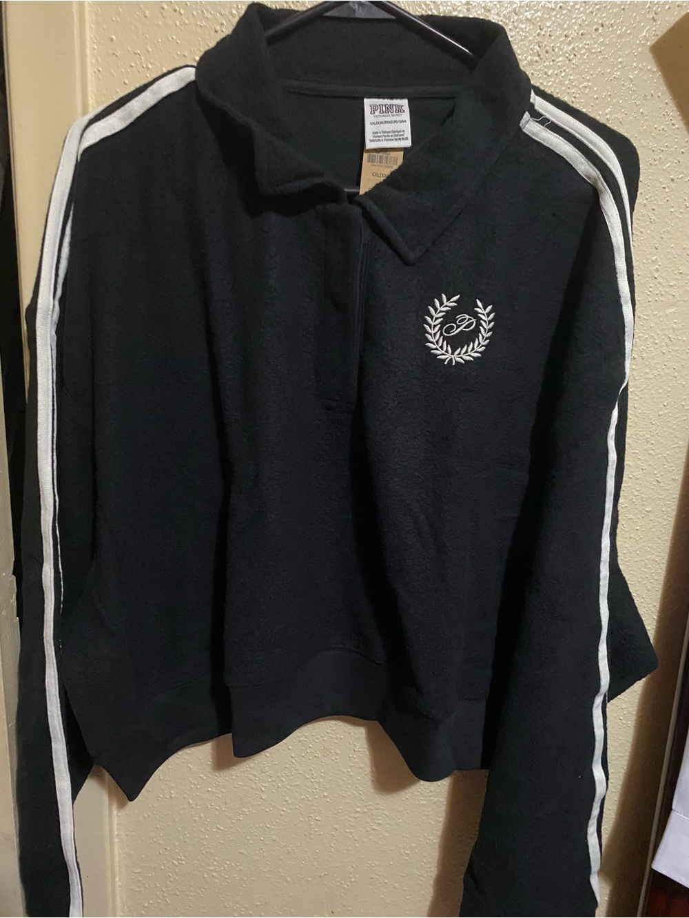 PINK Black Jacket with White Laurel Logo and Stripe